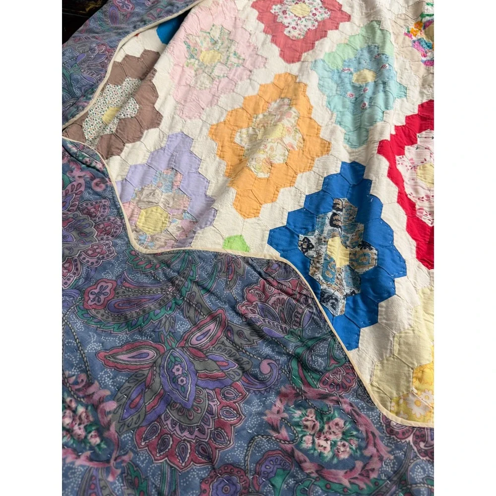 Vintage Handmade Grandmothers Flower Garden Patchwork Quilt Hexagon Multi 96x74